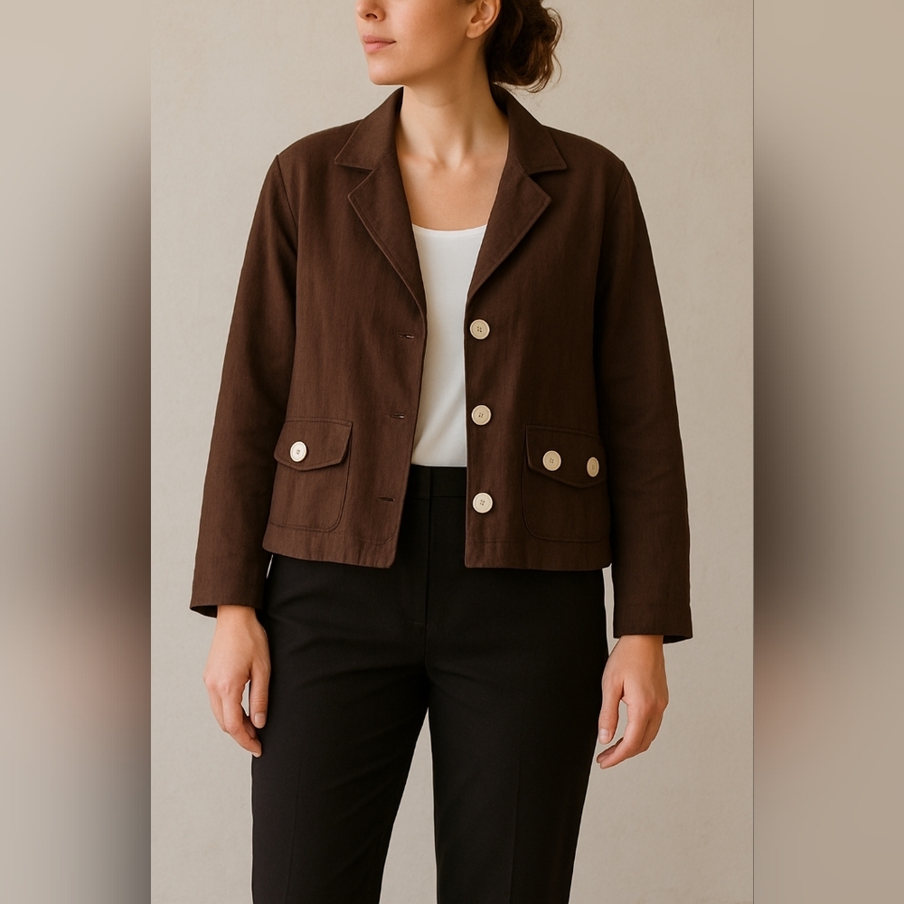 Ashley Stewart 1G Brown Linen Blend Cropped Jacket Double Pockets Button...‎
